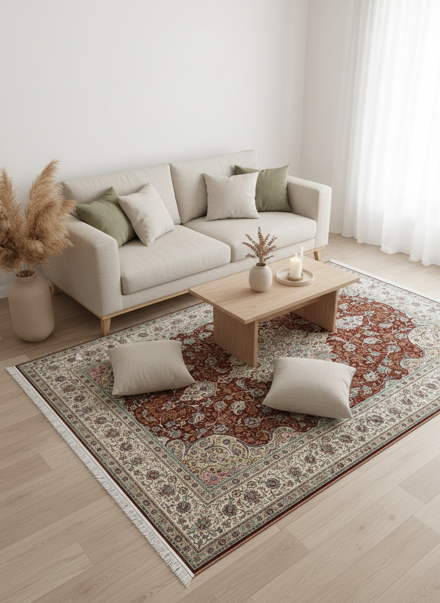 Perserteppich – Maschinell – 300 × 200 cm – Rot/Creme mit Medaillon