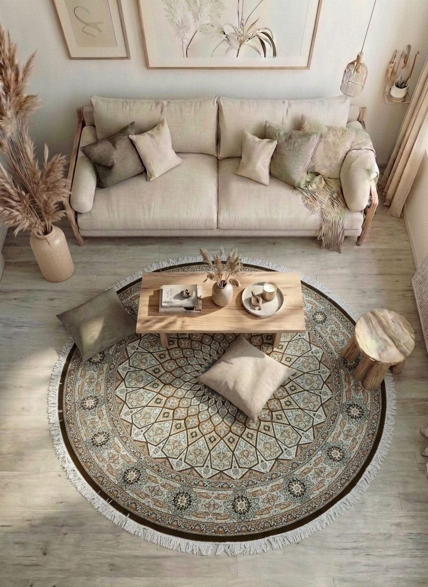Perserteppich Rund – Maschinell – Ø 300 cm – Creme/Beige mit Stern-Medaillon