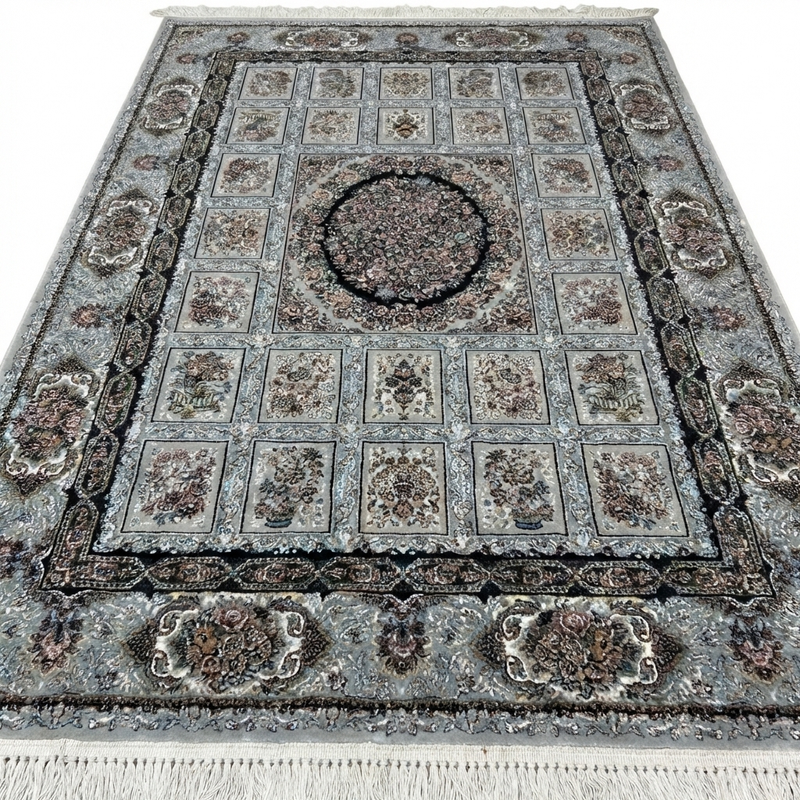 Täbriz Perserteppich – Maschinell – 225 × 150 cm – Grau Patchwork mit Medaillon