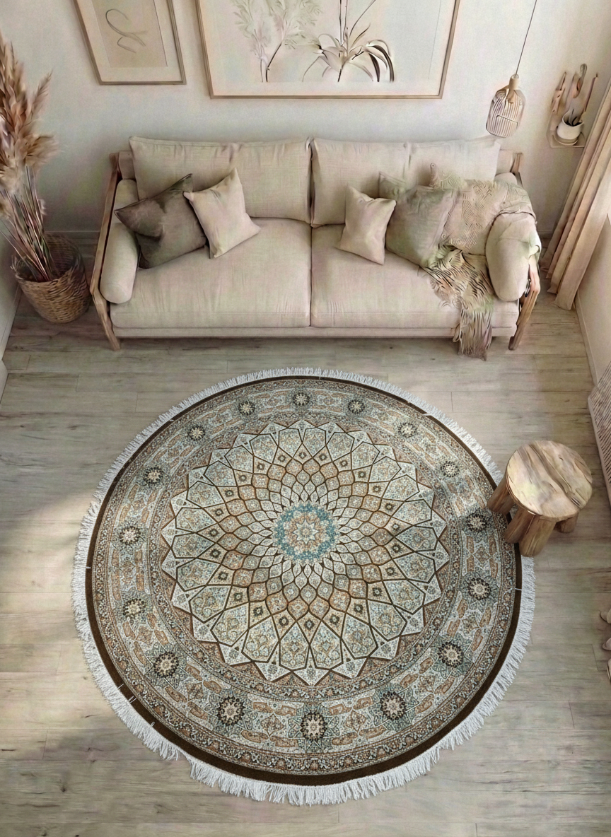 Perserteppich Rund – Maschinell – Ø 300 cm – Creme/Beige mit Stern-Medaillon