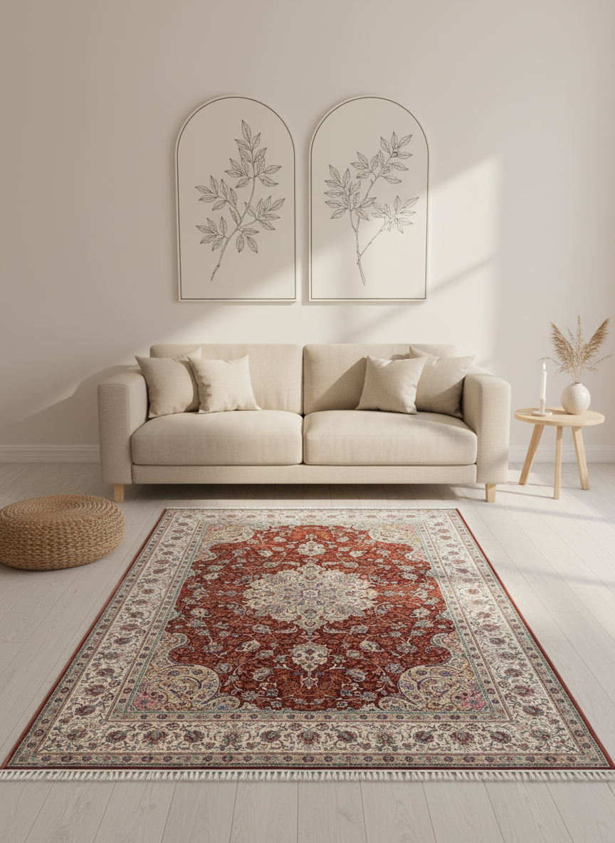 Perserteppich – Maschinell – 300 × 200 cm – Rot/Creme mit Medaillon