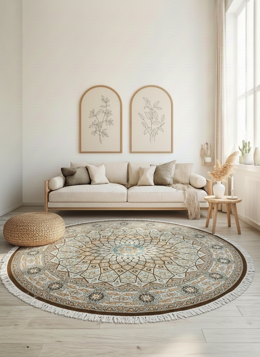 Perserteppich Rund – Maschinell – Ø 300 cm – Creme/Beige mit Stern-Medaillon