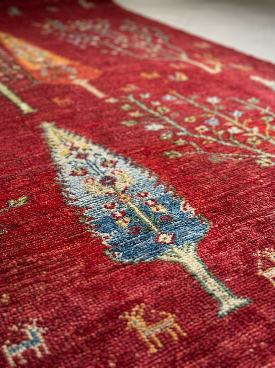 Gabbeh Perserteppich handgeknüpft – 240 × 154 cm – Rot mit Baummotiv