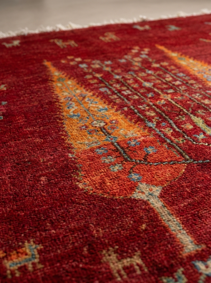Gabbeh Perserteppich handgeknüpft – 240 × 154 cm – Rot mit Baummotiv