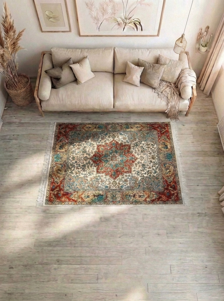 Ghom Seide Perserteppich – Creme/Rot – 215×150 cm (Maschinell)
