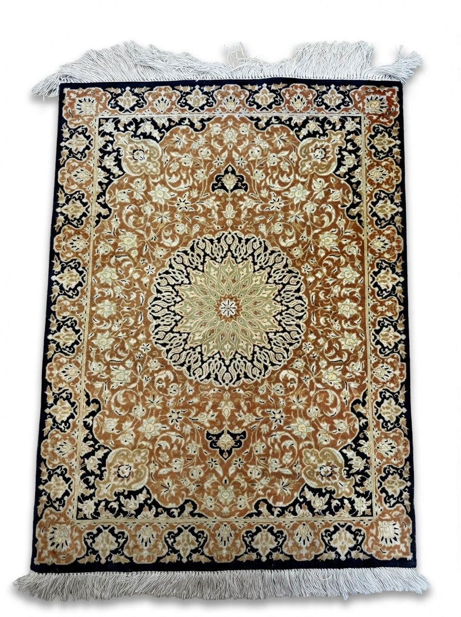 Handgeknüpfter Ghom Seide Perserteppich – Gold/Kupfer – 80×60 cm