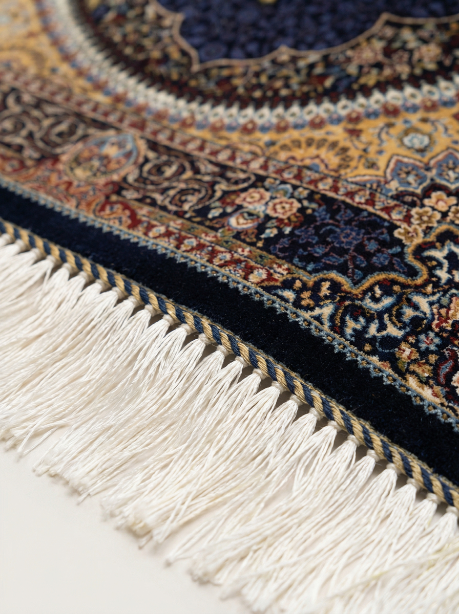 Ghom Seide Perserteppich – Dunkelblau/Gold – 90×60 cm (Maschinell)