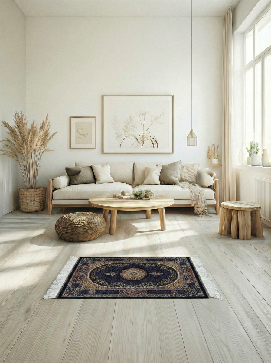 Ghom Seide Perserteppich – Dunkelblau/Gold – 90×60 cm (Maschinell)
