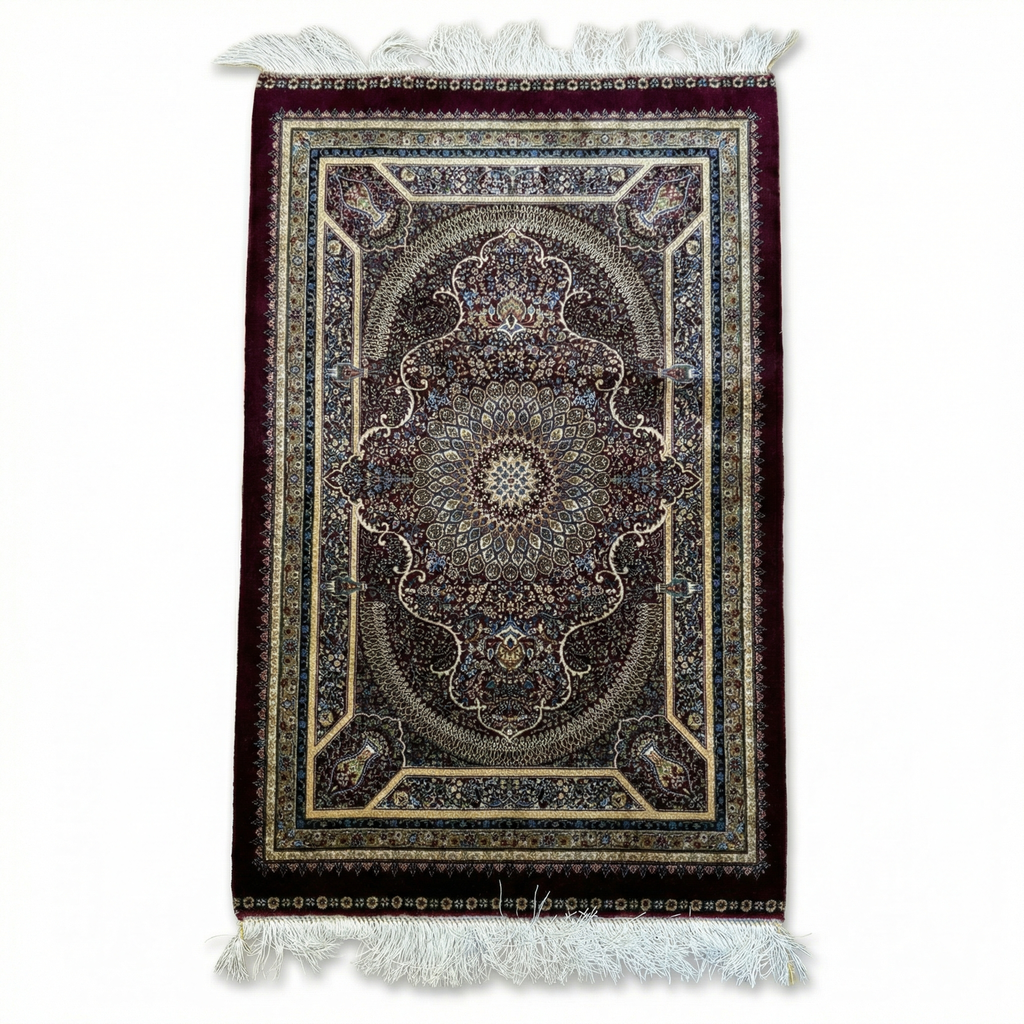 Ghom Seide Perserteppich – Bordeaux/Gold – 90×60 cm (Maschinell)