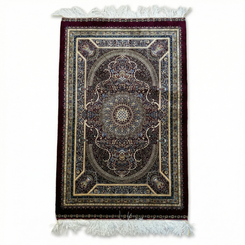 Ghom Seide Perserteppich – Bordeaux/Gold – 90×60 cm (Maschinell)
