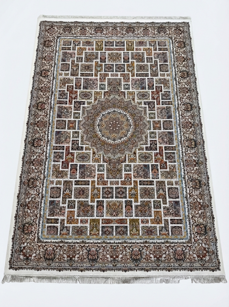 Täbriz Perserteppich – Maschinell – 225×150 cm – Beige/Braun (Medaillon & Kachelmuster)