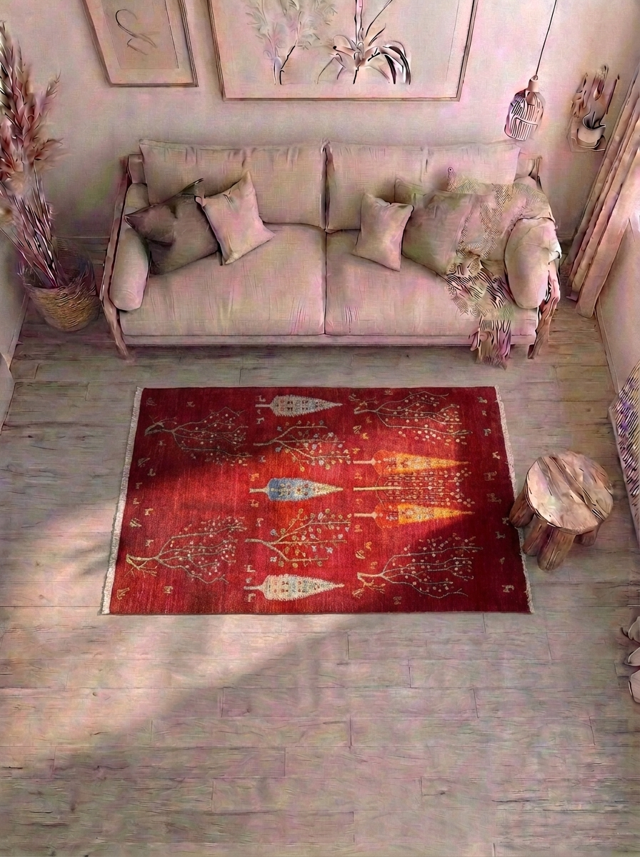 Gabbeh Perserteppich handgeknüpft – 240 × 154 cm – Rot mit Baummotiv