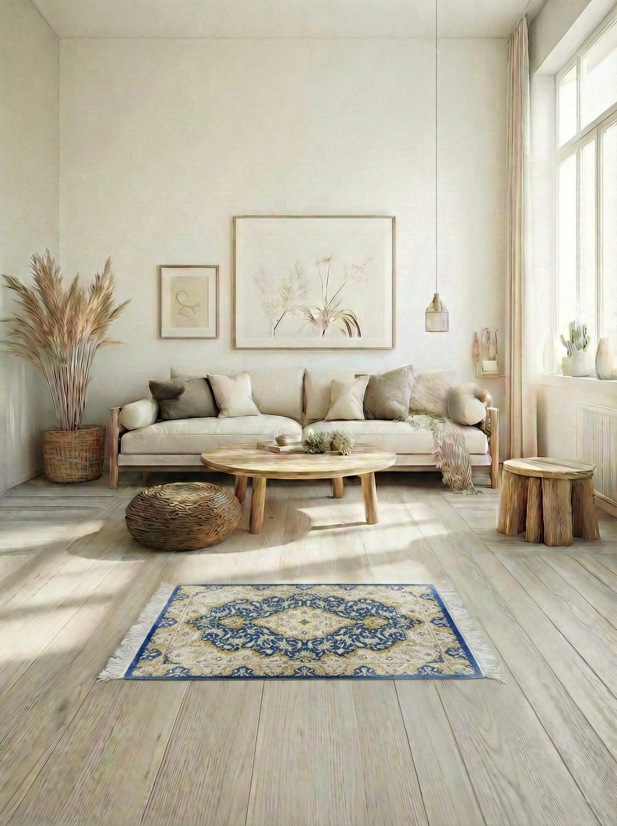 Handgeknüpfter Ghom Seide Perserteppich – Blau/Creme – 80×60 cm