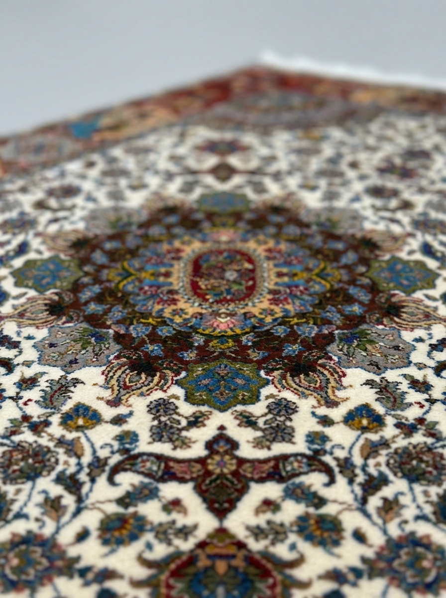 Ghom Seide Perserteppich – Creme/Rot – 215×150 cm (Maschinell)