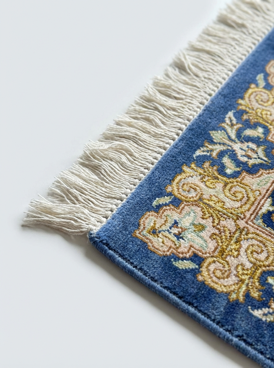 Handgeknüpfter Ghom Seide Perserteppich – Blau/Creme – 80×60 cm