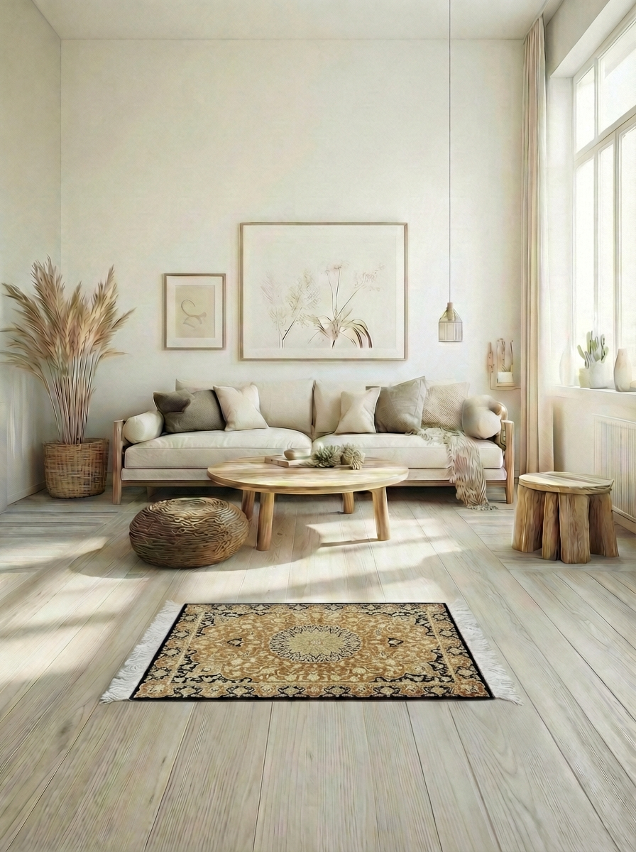 Handgeknüpfter Ghom Seide Perserteppich – Gold/Kupfer – 80×60 cm