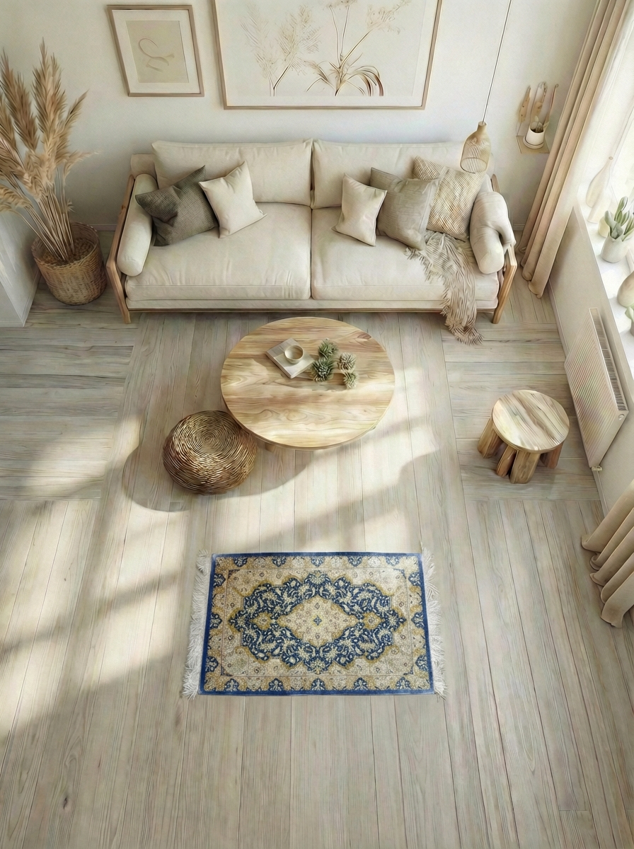 Handgeknüpfter Ghom Seide Perserteppich – Blau/Creme – 80×60 cm