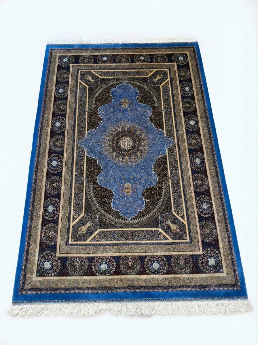 Ghom Seide Perserteppich – Blau – 230×150 cm (Maschinell)