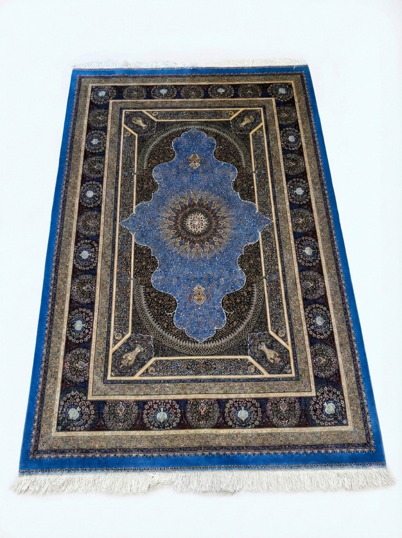 Ghom Seide Perserteppich – Blau – 230×150 cm (Maschinell)