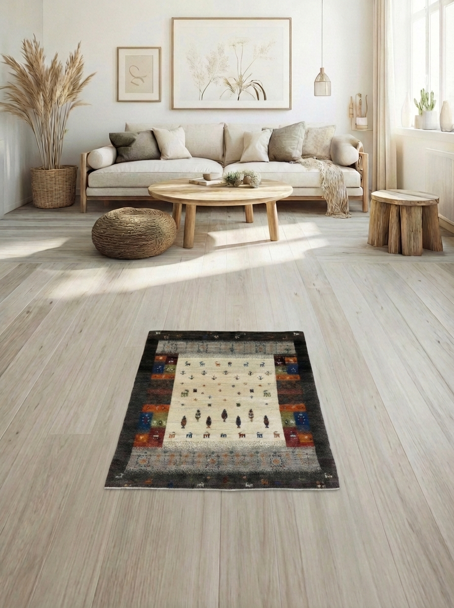 Handgeknüpfter Gabbeh Perserteppich – Creme/Mehrfarbig – 140×90 cm