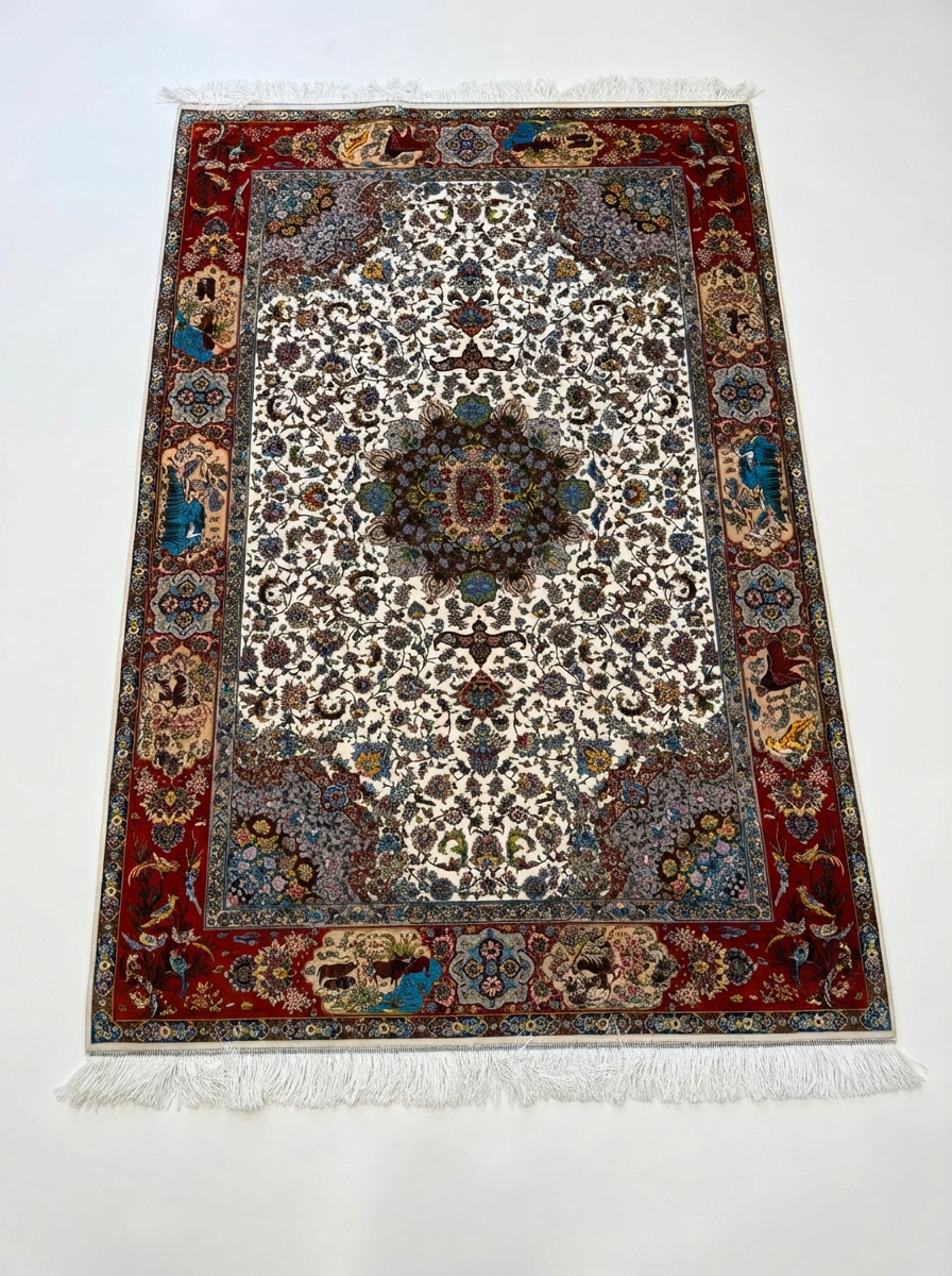 Ghom Seide Perserteppich – Creme/Rot – 215×150 cm (Maschinell)