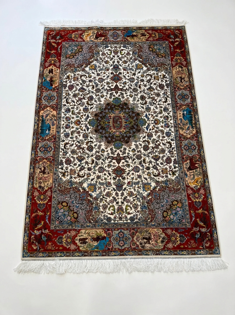 Ghom Seide Perserteppich – Creme/Rot – 215×150 cm (Maschinell)