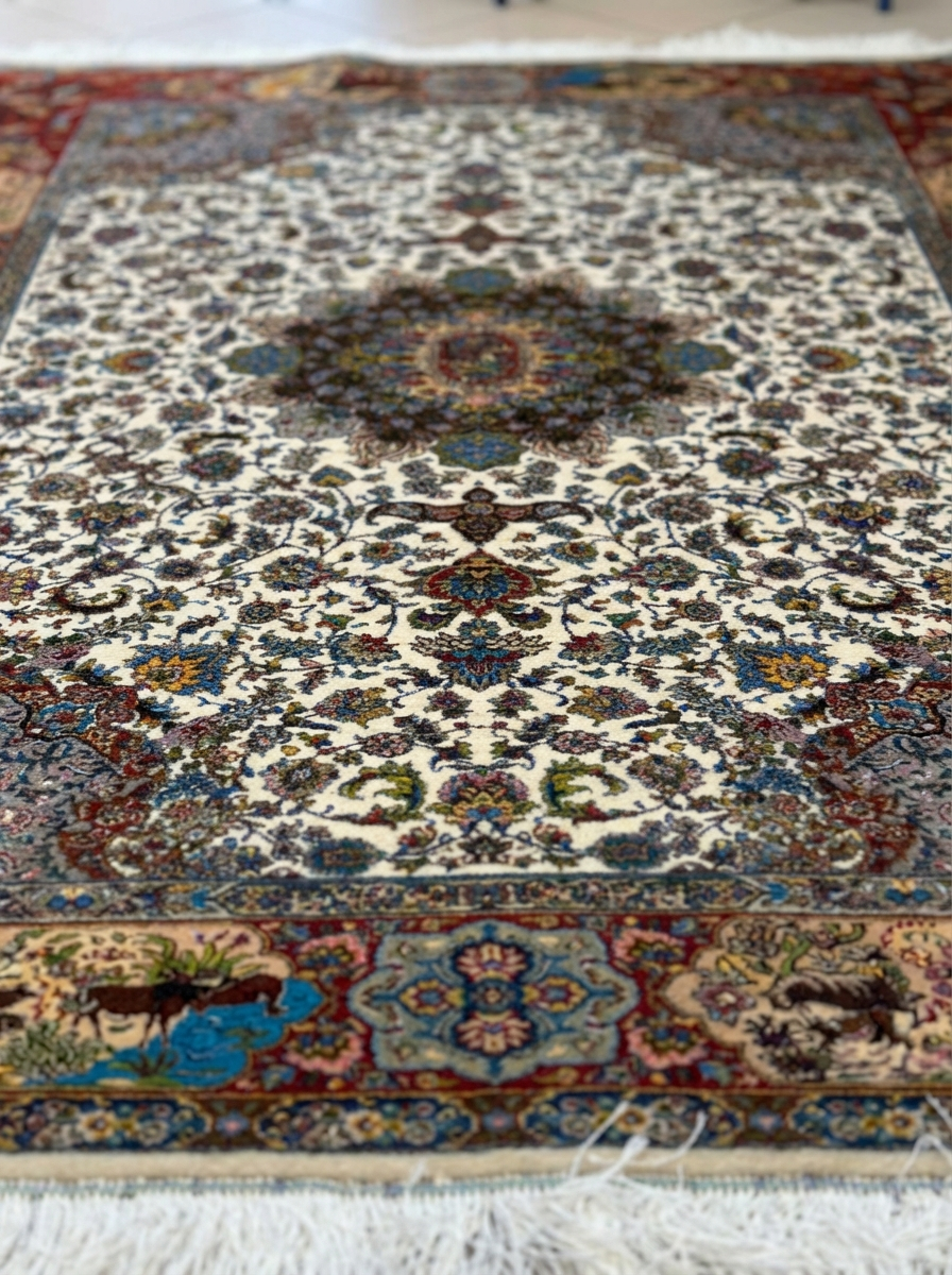 Ghom Seide Perserteppich – Creme/Rot – 215×150 cm (Maschinell)