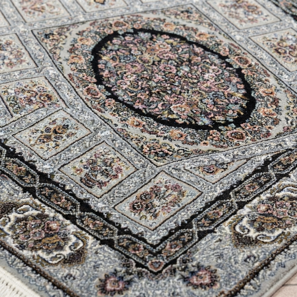 Täbriz Perserteppich – Maschinell – 225 × 150 cm – Grau Patchwork mit Medaillon