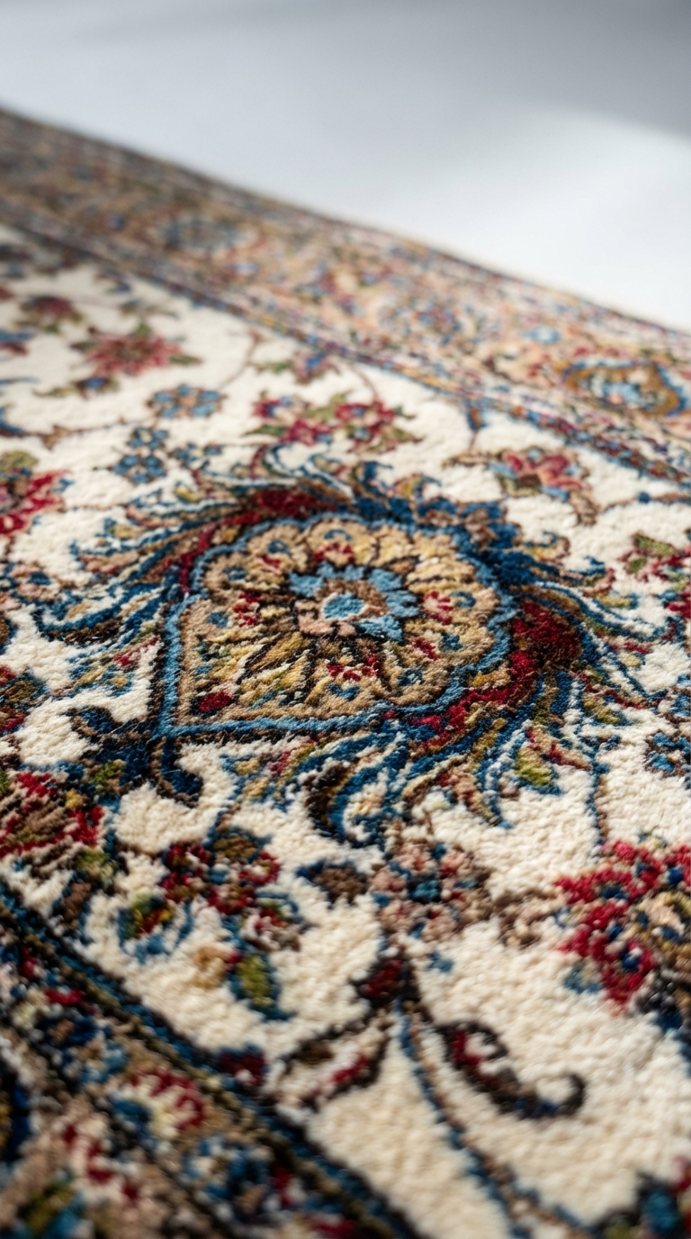 Ghom Seide Perserteppich – Creme/Florales Design – 150×100 cm (Maschinell)