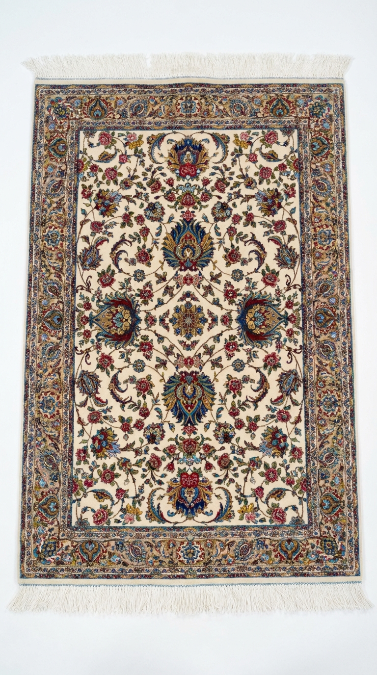 Ghom Seide Perserteppich – Creme/Florales Design – 150×100 cm (Maschinell)